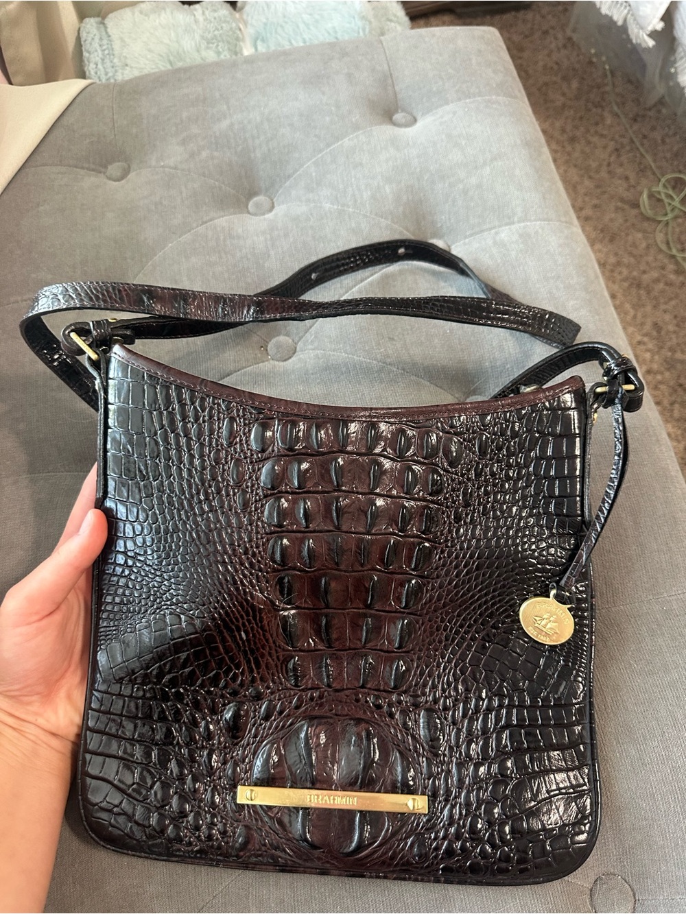 Brahmin Dark Brown Croc-Embossed Shoulder Bag with Gold Hardware